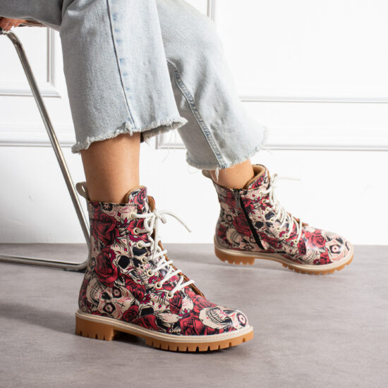 Дамски кубинки естествена кожа модерни с връзки в черно и червено / /