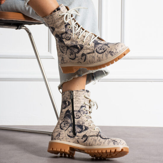 Дамски кубинки естествена кожа модерни бежови с връзки и цип / /