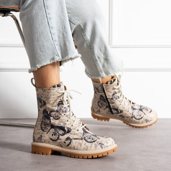 Дамски кубинки естествена кожа модерни бежови с връзки и цип / /