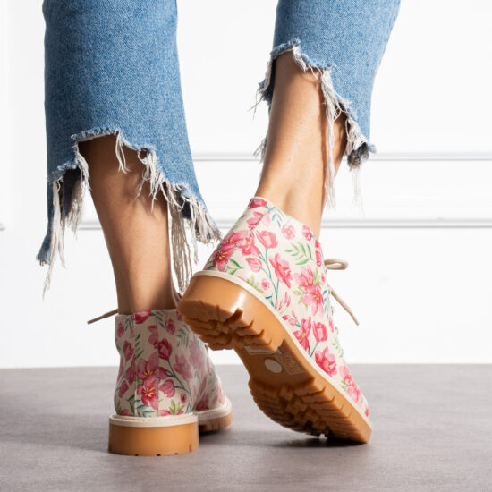 Дамски боти естествена кожа до глезена бежови на цветя с връзки / /