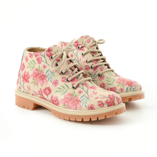 Дамски боти естествена кожа до глезена бежови на цветя с връзки / /