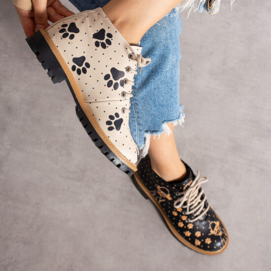 Дамски боти естествена кожа до глезена бежово и черно с връзки / / Дамски боти естествена кожа до глезена бежово и черно с връзки / /