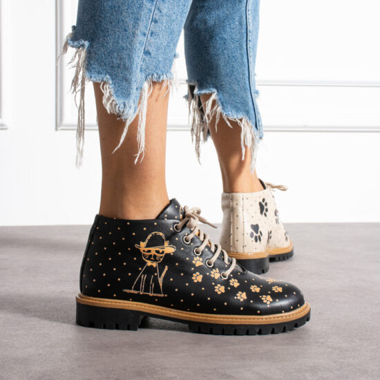 Дамски боти естествена кожа до глезена бежово и черно с връзки / / Дамски боти естествена кожа до глезена бежово и черно с връзки / /