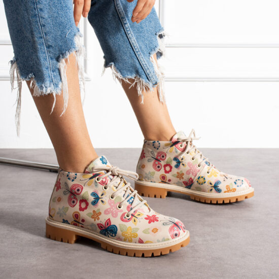 Дамски боти естествена кожа до глезена бежови на цветя с връзки / /