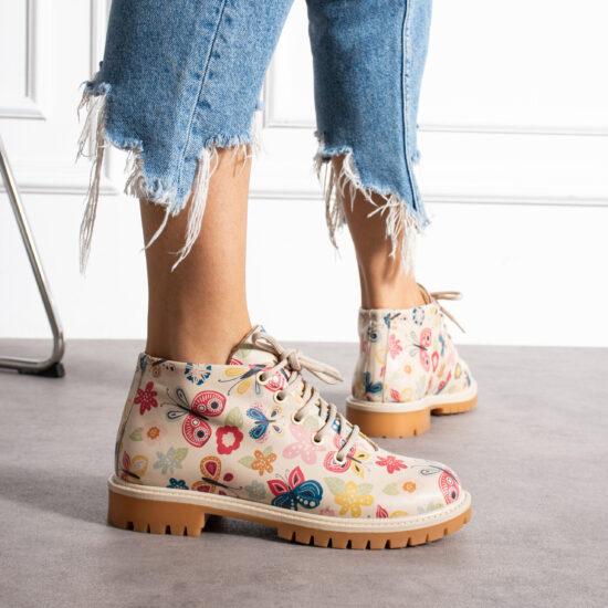 Дамски боти естествена кожа до глезена бежови на цветя с връзки / /