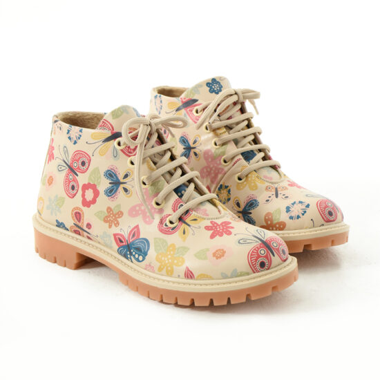 Дамски боти естествена кожа до глезена бежови на цветя с връзки / /