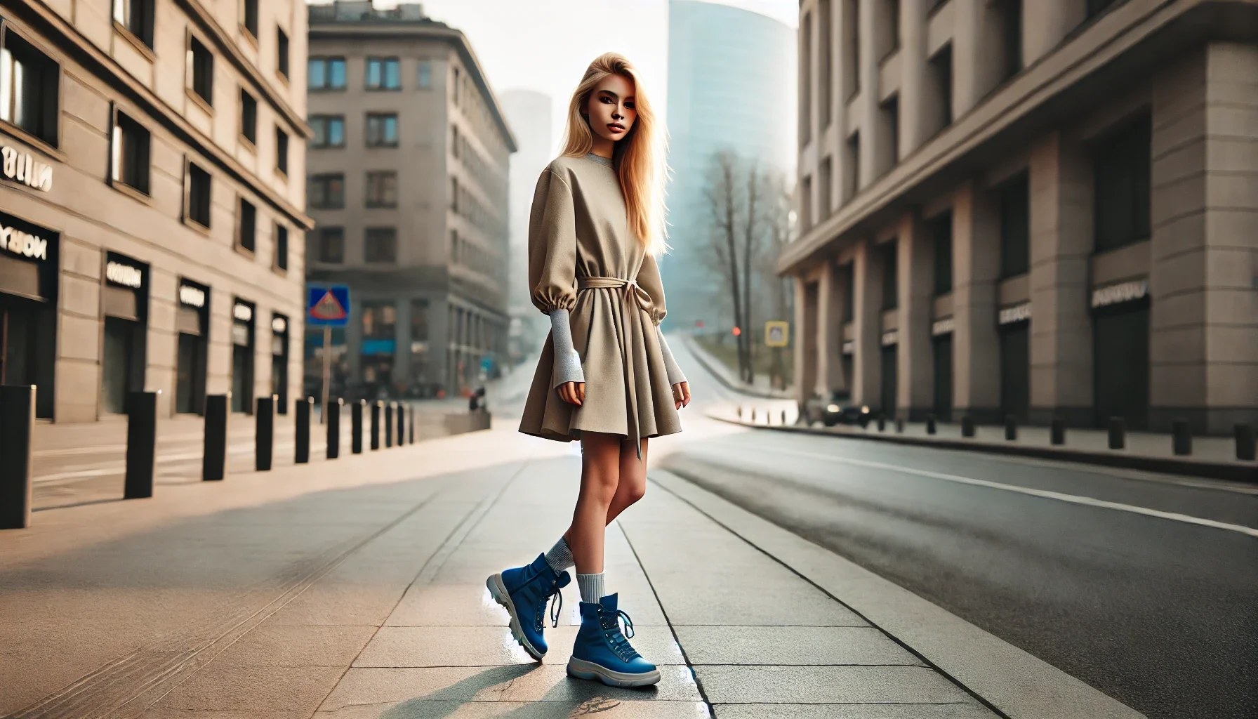 Как да комбинираме цветни дамски боти за стилен външен вид / Полезни статии / Бежова рокля със сини боти