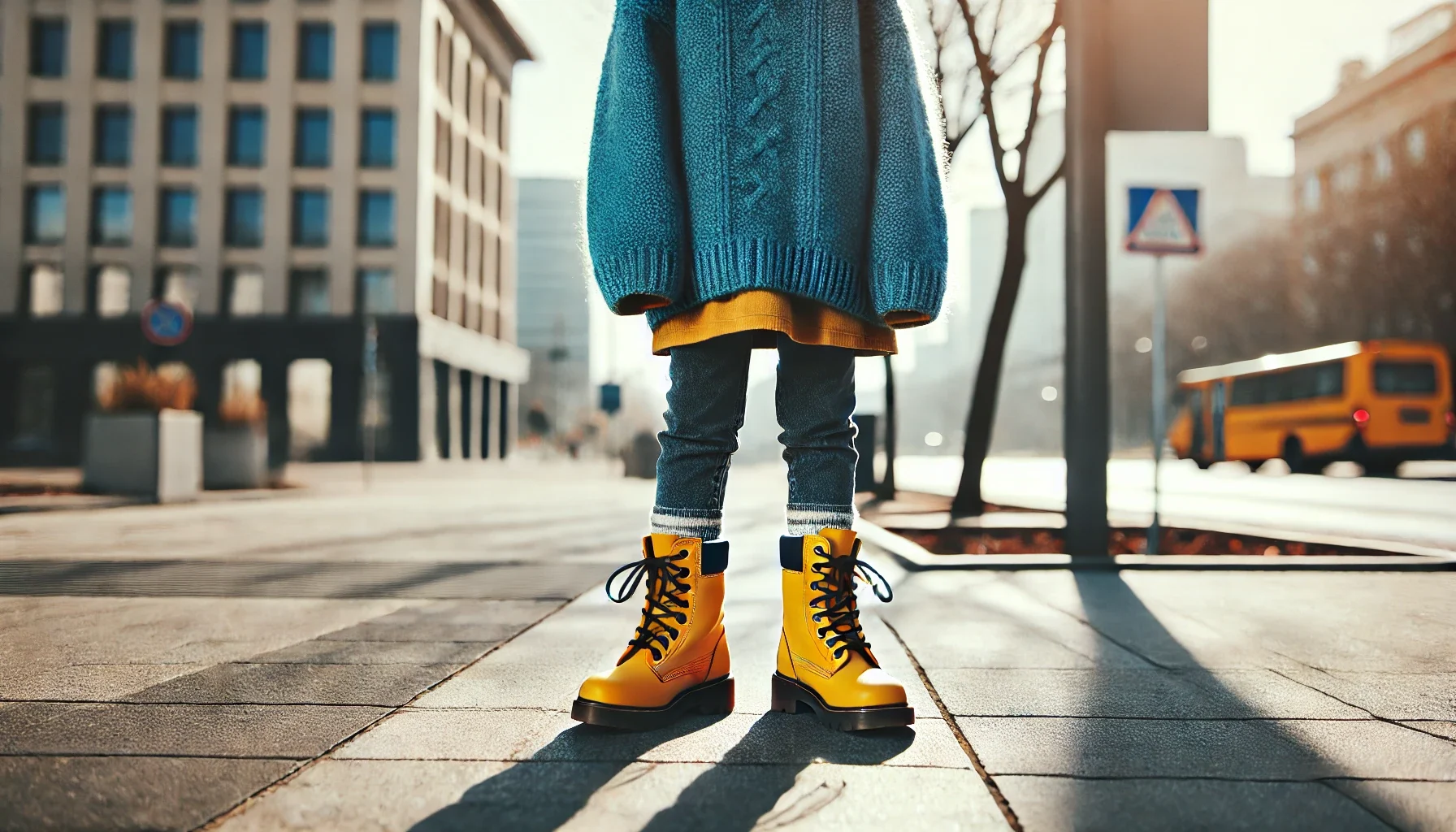 Как да комбинираме цветни дамски боти за стилен външен вид / Полезни статии / Син пуловер с жълти боти