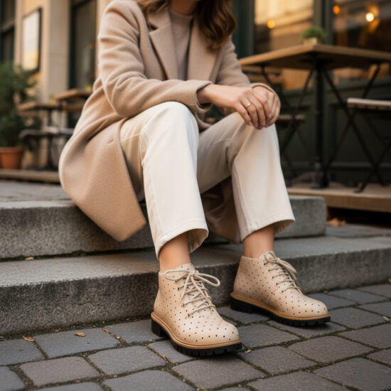 Дамски къси бежови боти от естествена кожа до глезена / / Дамски къси бежови боти от естествена кожа до глезена / /