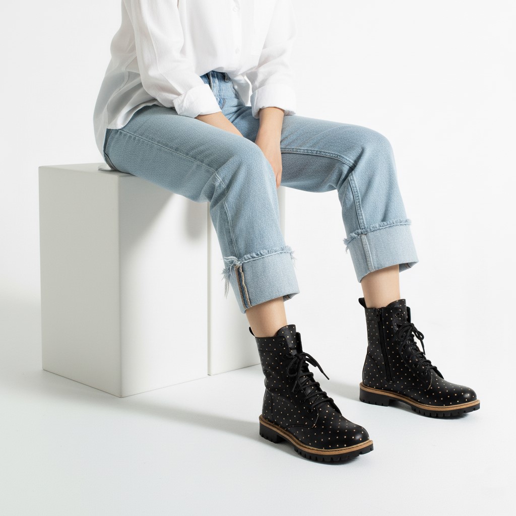 Дамски черни боти тип кубинки от естествена кожа Дамски боти 13 Дамски черни боти тип кубинки от естествена кожа - Image 3