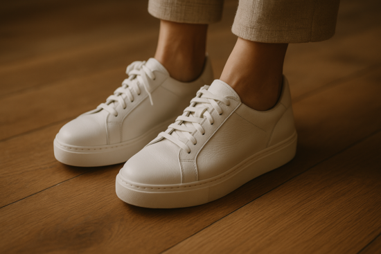 close-up of a woman's feet with a visible bunion, wearing wide white leather sneakers and standing on warm wooden floori
