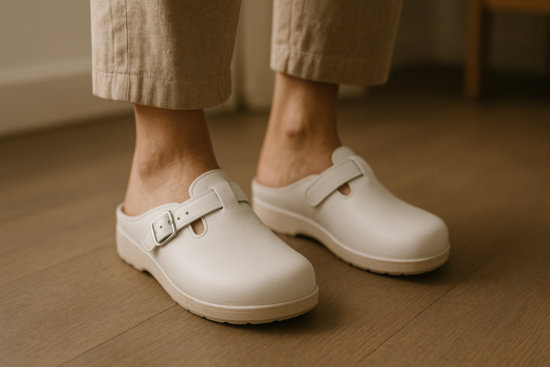 close-up of a person's feet wearing white orthopedic leather clogs standing on hard indoor flooring, with visible relaxe