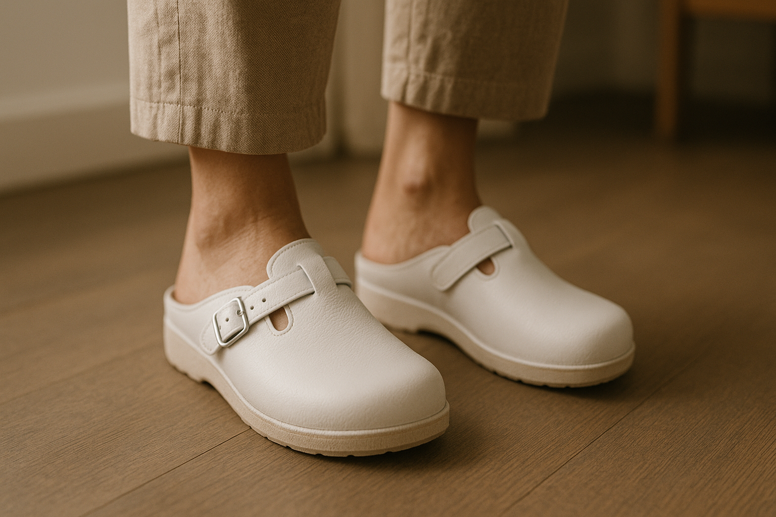 close-up of a person's feet wearing white orthopedic leather clogs standing on hard indoor flooring, with visible relaxe