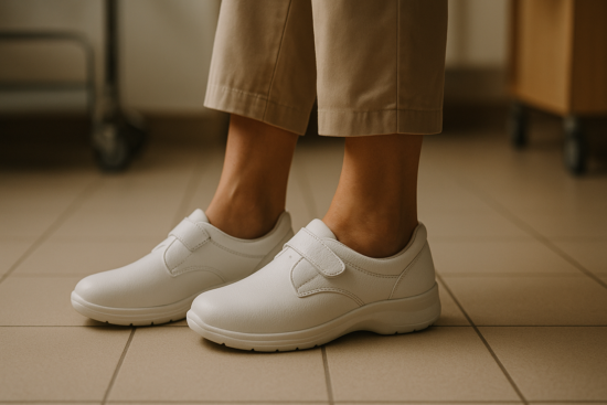 Close-up of a woman's feet in comfortable white anatomical work sneakers standing on a tiled hospital or salon floor, wi