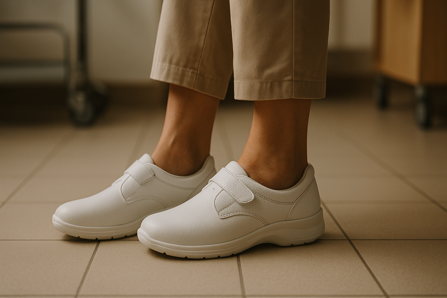 Close-up of a woman's feet in comfortable white anatomical work sneakers standing on a tiled hospital or salon floor, wi