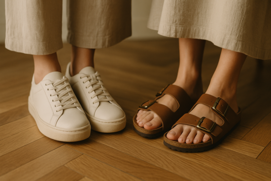 close-up of two pairs of women's feet, one in wide leather sneakers, the other in adjustable leather sandals, both showi
