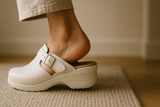 close-up of a woman's heel in a white orthopedic clog stepping onto a soft mat, focus on the shoe and heel area. No face