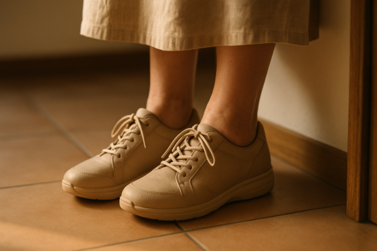 close-up of tired female feet slightly swollen in beige anatomical sneakers standing on tiled home floor at sunset. No f