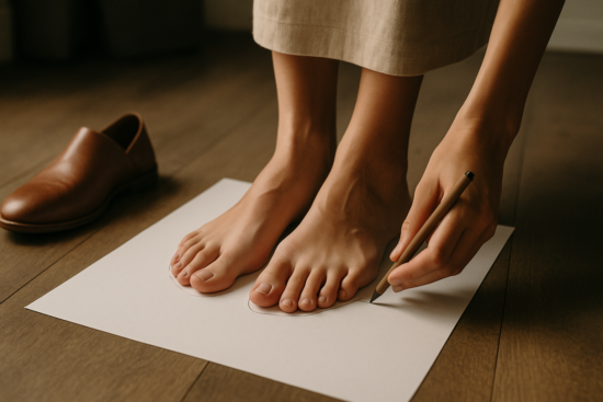 close-up of a woman's feet (without face) standing barefoot on a white sheet of paper, being outlined with a pencil or p