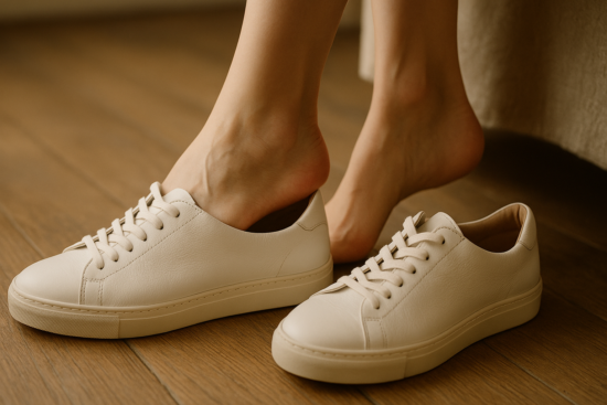 close-up of a woman's feet with slight redness on the heel, stepping partially out of a pair of white leather sneakers o