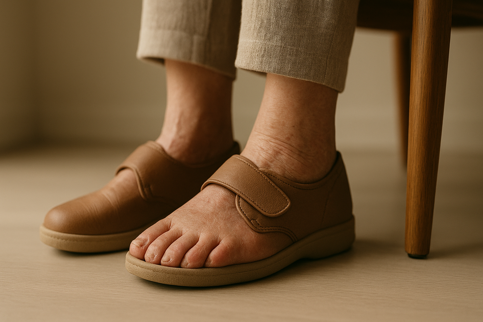 close-up of a person's feet with visible signs of neuropathy, wearing soft leather orthopedic slippers with velcro strap